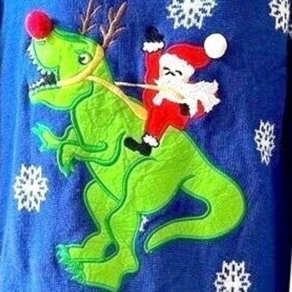 Joyland Other - Joyland T-Rex Santa Ugly Christmas Sweater Unisex XL Blue Snowflake Dinosaur